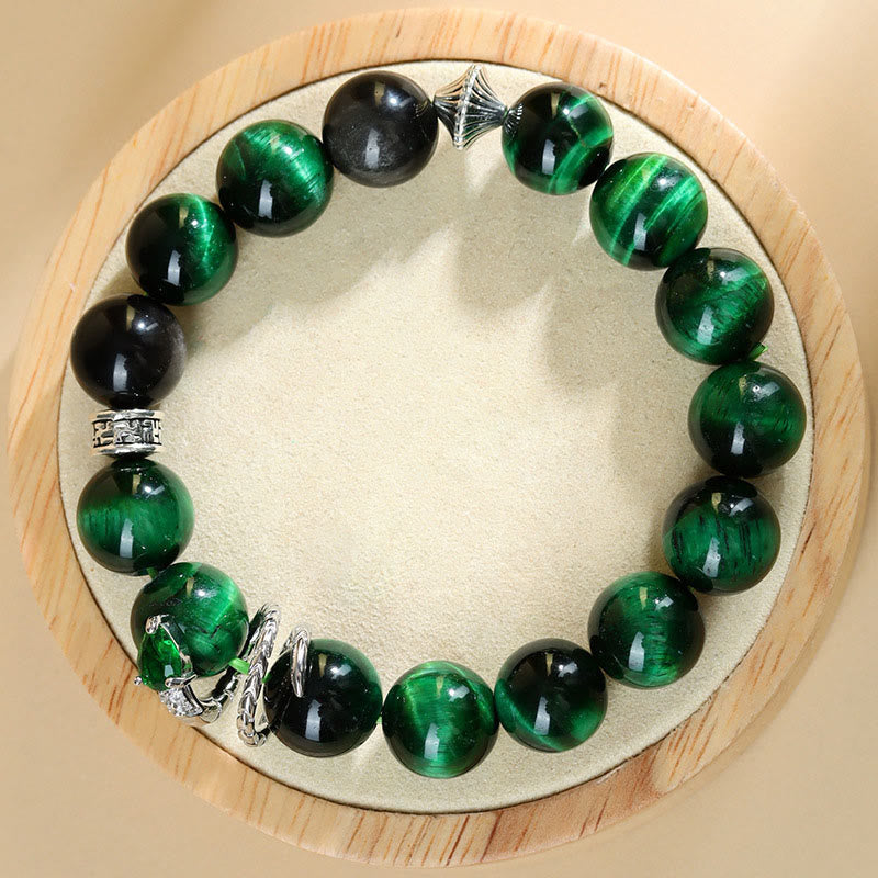 Green Tiger Eye Silver Sheen Obsidian Year of the Snake Strength Bracelet