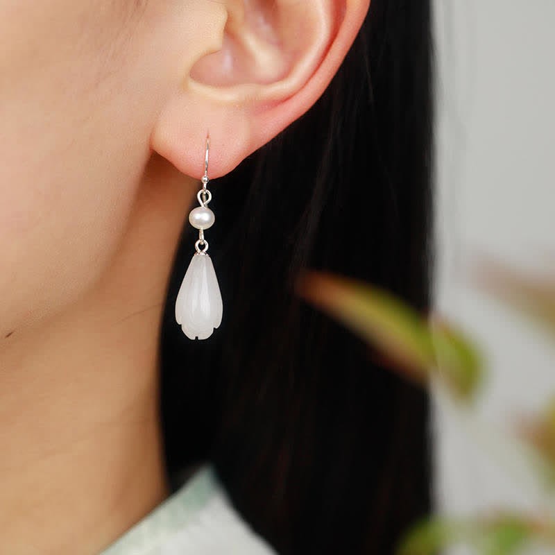 925 Sterling Silver White Jade Magnolia Flower Happiness Drop Earrings