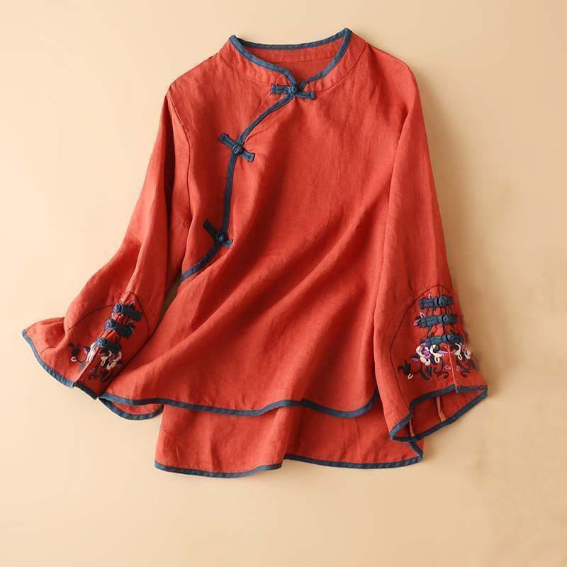 Retro Flower Embroidery Design Long Sleeve Cotton Linen Women's Shirt