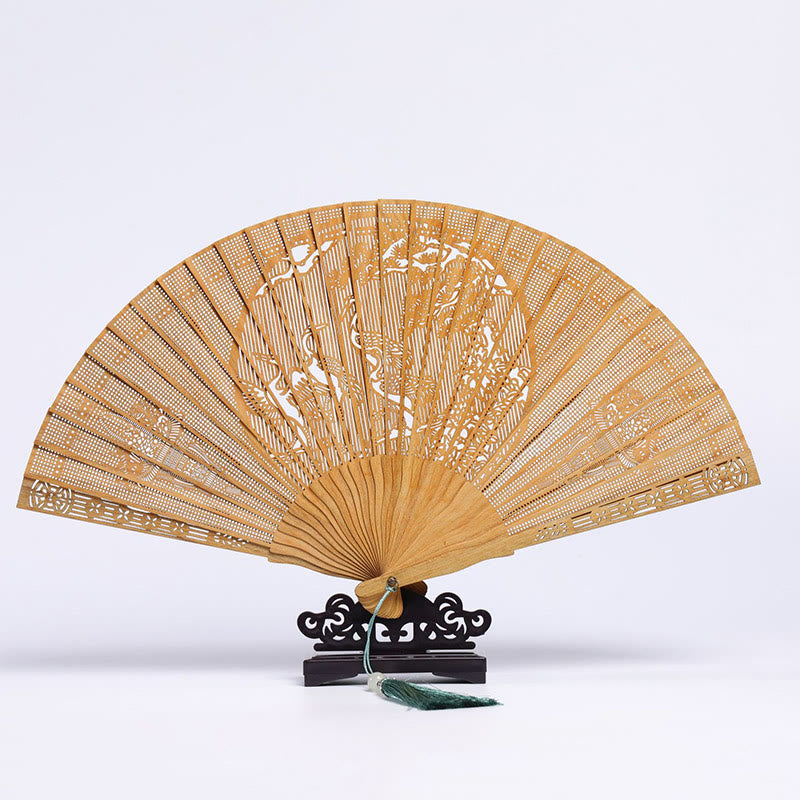 Auspicious Clouds Crane Peacock Chang'e Moon Engraved Pattern Handheld Green Sandalwood Folding Fan