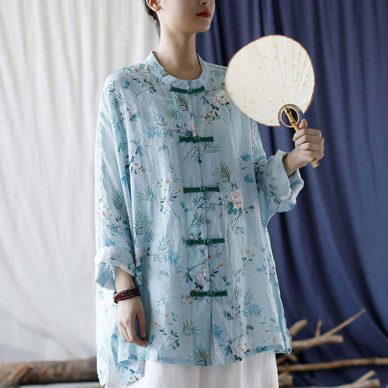 Light Green Pink Flowers Green Leaves Frog-Button Long Sleeve Ramie Linen Jacket Shirt