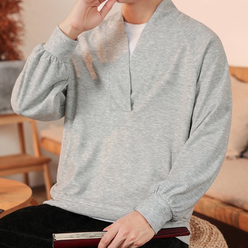 Fall Simple V-Neck Men's Sweatshirt Cotton Pullover With Pockets