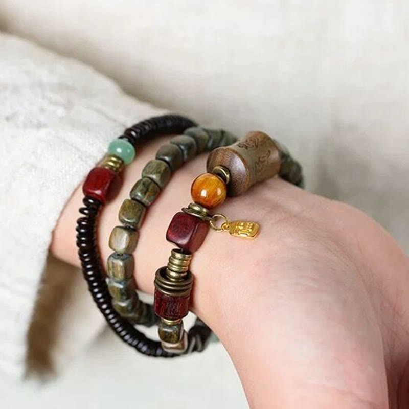 Green Sandalwood Ebony Om Mani Padme Hum Engraved Peace Triple Wrap Bracelet