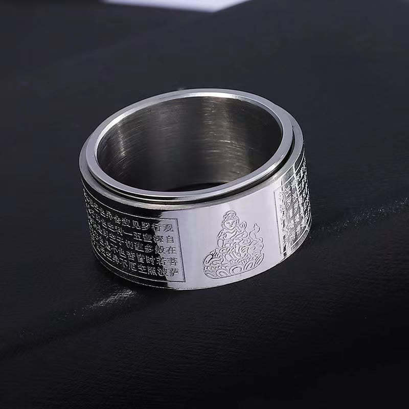 Chinese Zodiac Natal mystic zen Heart Sutra Carved Titanium Steel Calm Rotatable Ring