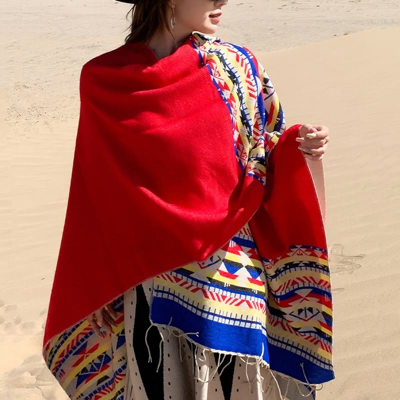 Tibetan Geometric Rhombus Pattern Tassels Shawl Fall Winter Warm Cozy Scarf Wrap