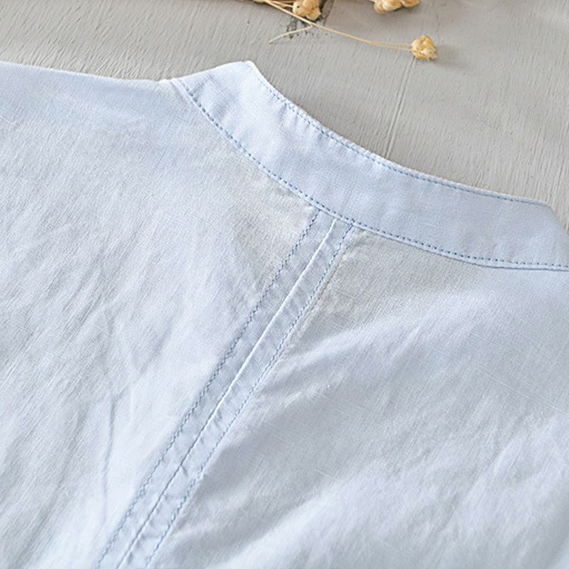 Causal Simple Design Short Sleeve Cotton Linen Half Button Men's Shirt