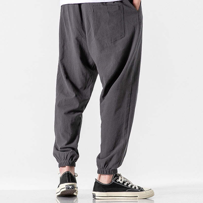 Solid Color Drawstring Cotton Men's Pants With Pockets