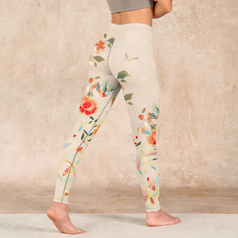Apricot Butterfly Peony Flowers Leaves Print Gym Leggings Women's Yoga Pants