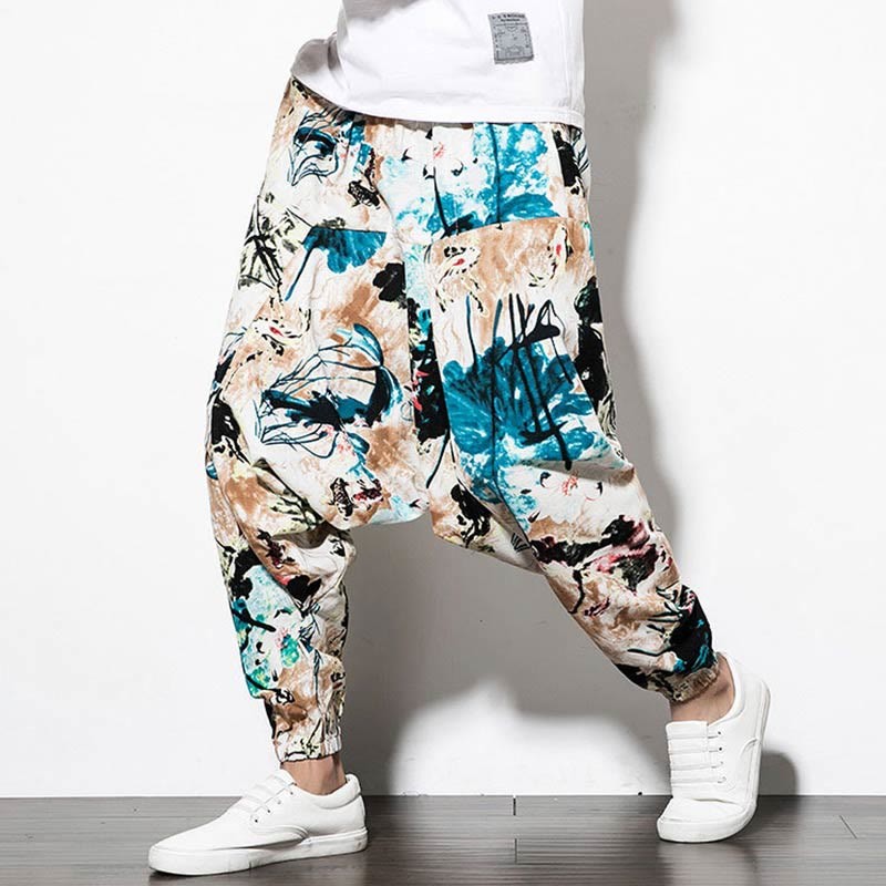 Flowers Leaves Brown Blue Painting Print Cotton Men's Long Cropped Harem Pants With Pockets