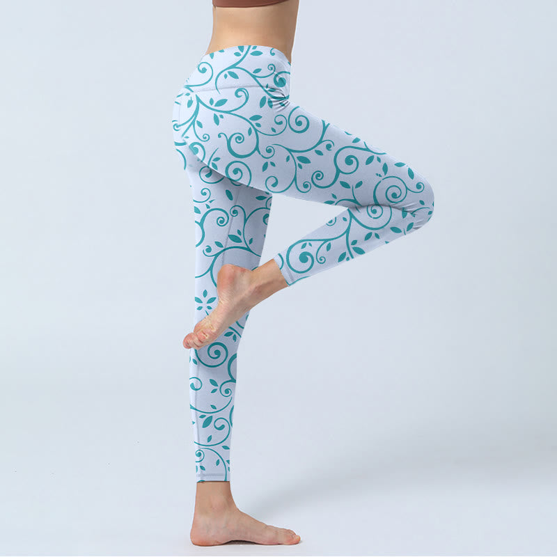 Blue Vine Leaves Print Gym Leggings Women's Yoga Pants