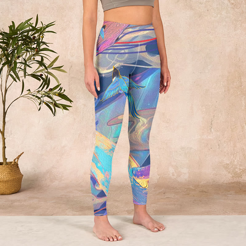 Whales Swallows Waves Print Gym Leggings Women's Yoga Pants