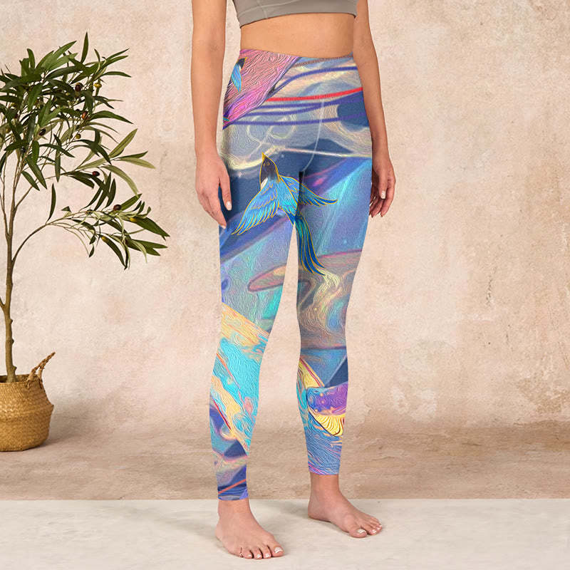 Whales Swallows Waves Print Gym Leggings Women's Yoga Pants