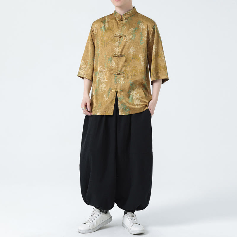 Bamboo Leaves Pattern Chinese Half Sleeve Shirt Men T-shirt