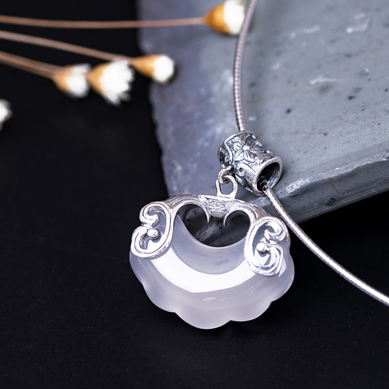 925 Sterling Silver Natural Chalcedony Lock of Good Wishes Koi Fish Luck Necklace Pendant