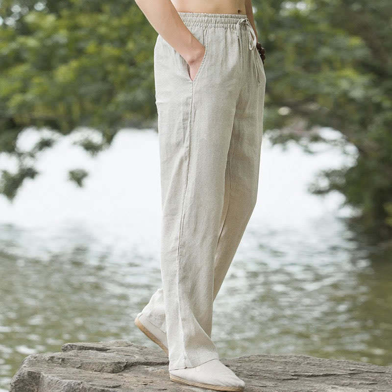 Solid Color Linen Men's Wide Leg Pants With Pockets