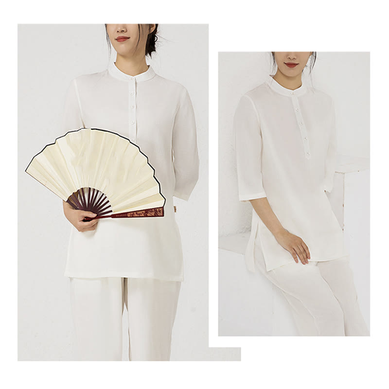 2Pcs Buttons Three Quarter Sleeve Shirt Top Pants Meditation Zen Tai Chi Cotton Linen Clothing Women's Set