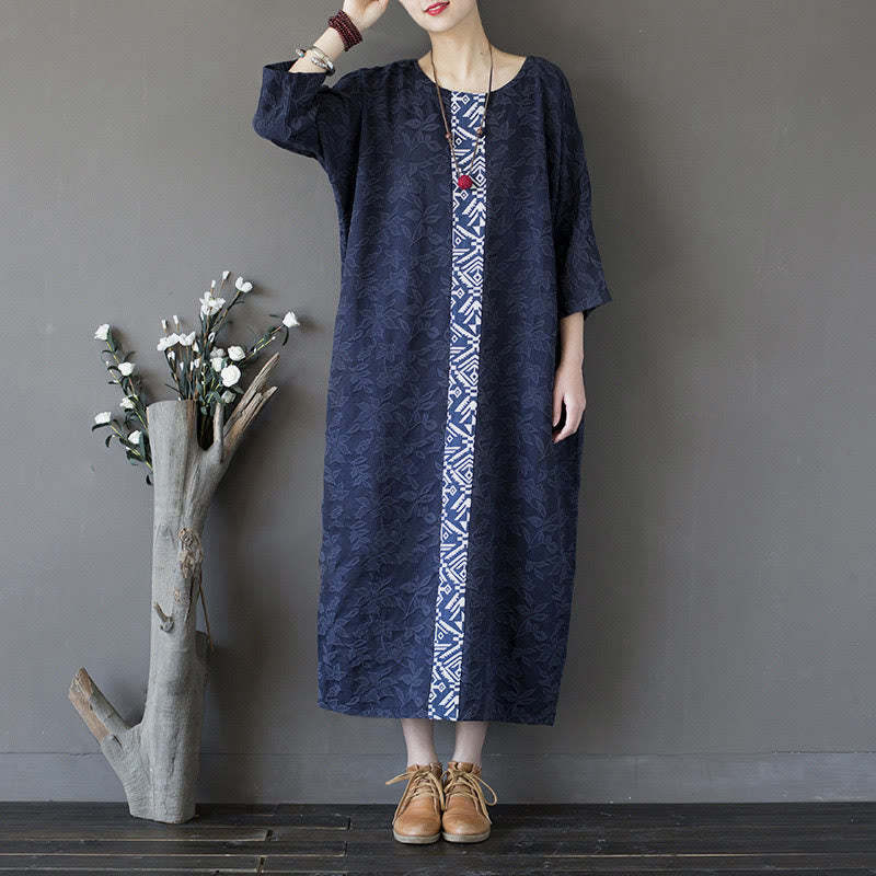Blue Flowers Embroidery Jacquard Midi Dress Three Quarter Sleeve Cotton Dress With Pockets