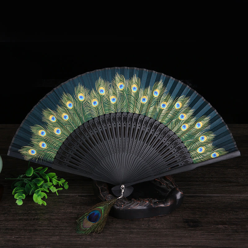 Peacock Feather Handheld Bamboo Folding Fan 21.5cm