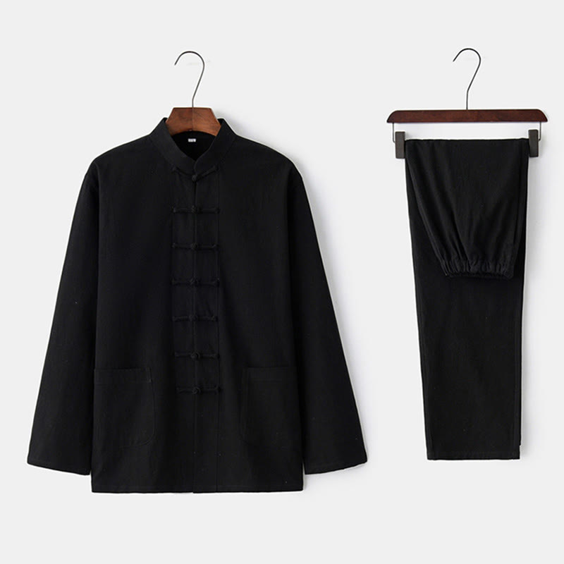 Frog-Button Tang Long Sleeve Shirt Pants Men's Suit