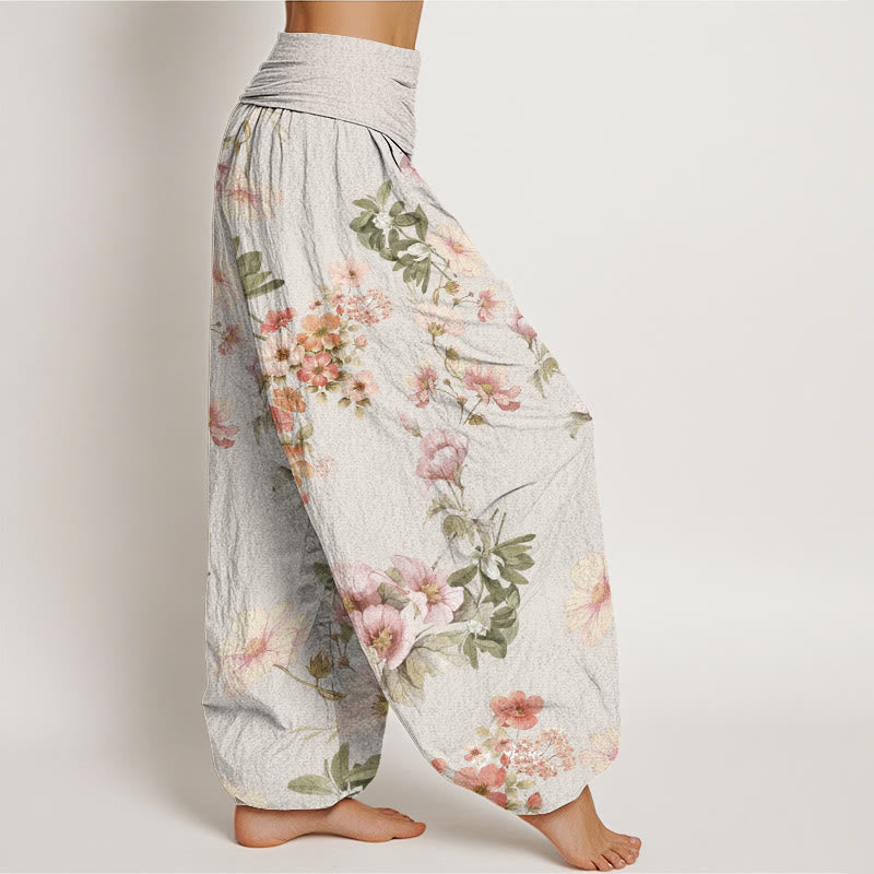 Pink Pale Orange Flowers Design Women's Elastic Waist Harem Pants