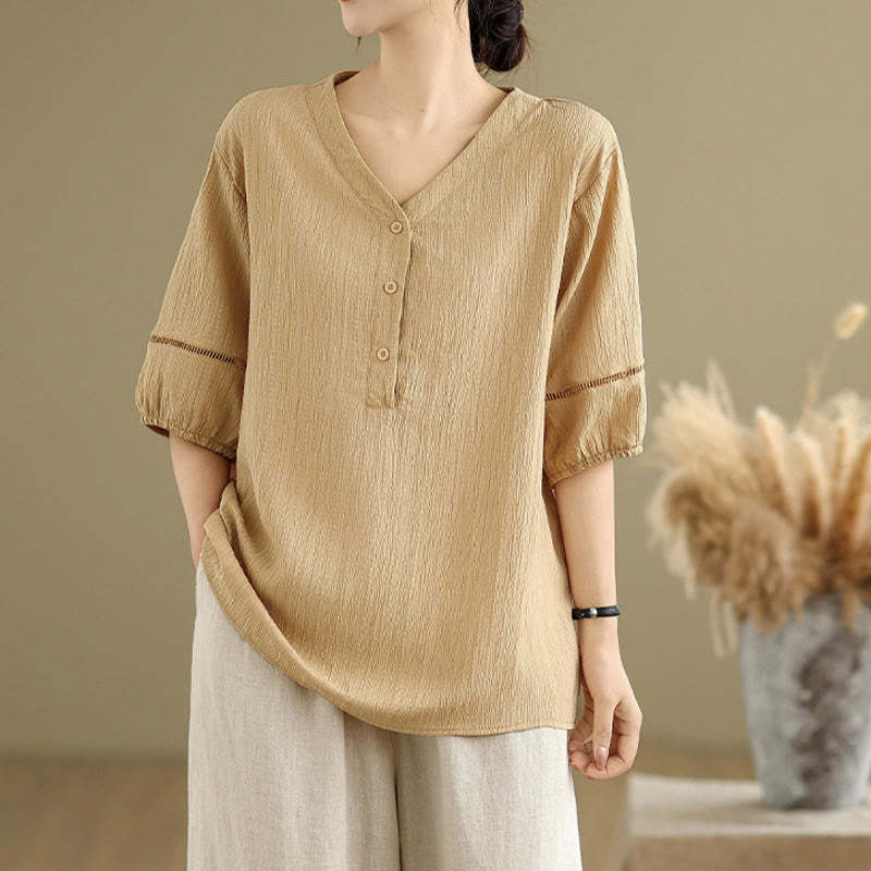 Summer Casual Pure Half Puff Sleeve Half Button V-neck Women's T-Shirt