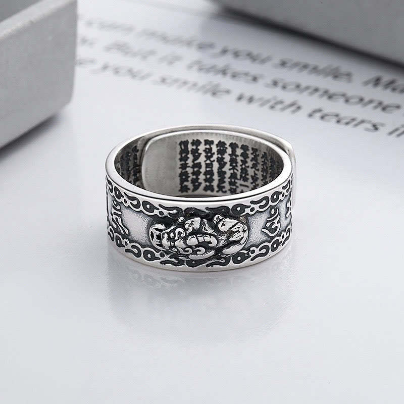 925 Sterling Silver PiXiu Scripture Carved Wealth Adjustable Ring