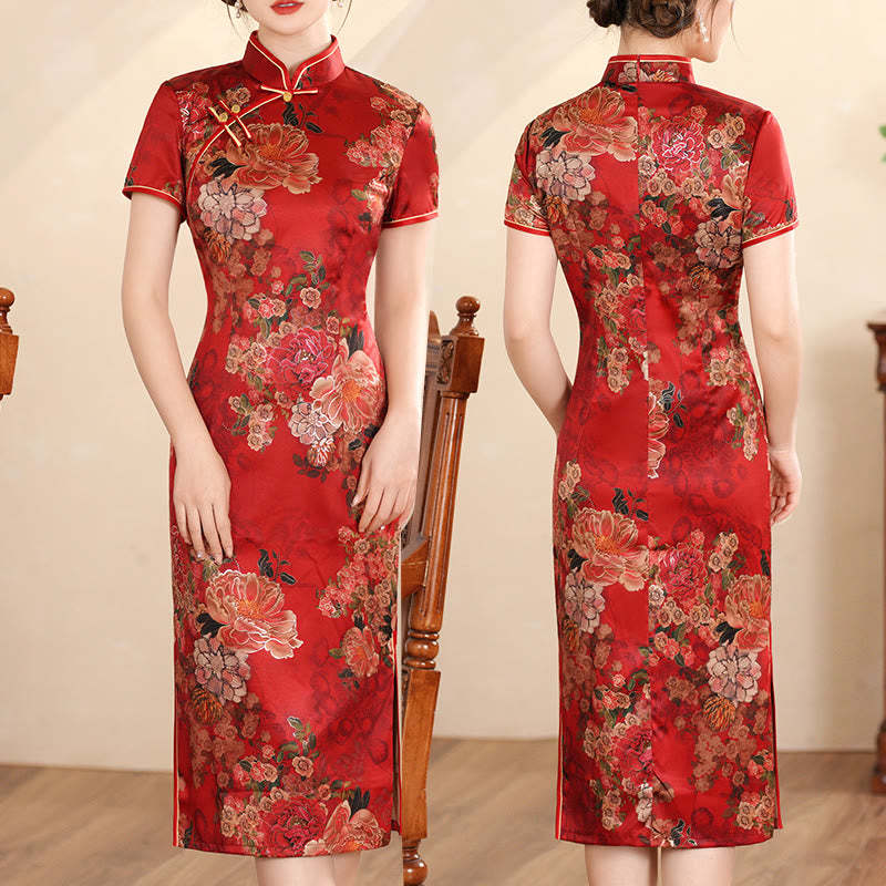 Retro Flower Lotus Peony Feather Print Qipao Dress Women's Cheongsam Dress