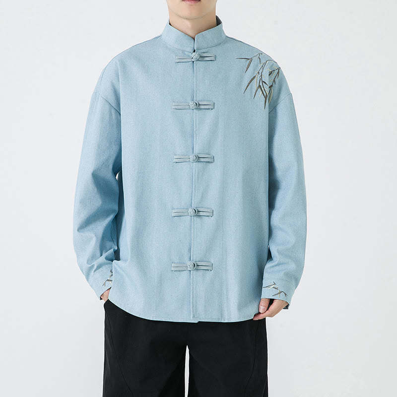 Bamboo Leaves Design Frog-button Tang Suit Cotton Men's Jacket Shirt
