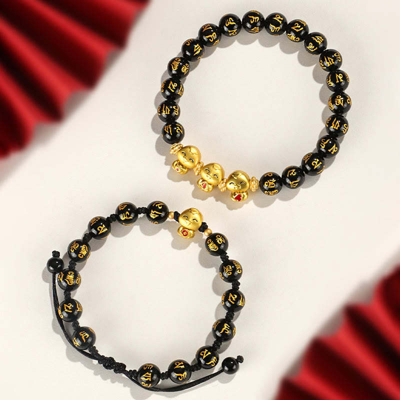 Red Agate Black Onyx Bead Copper Year Of The Snake Fu Character Om Mani Padme Hum Happiness Bracelet