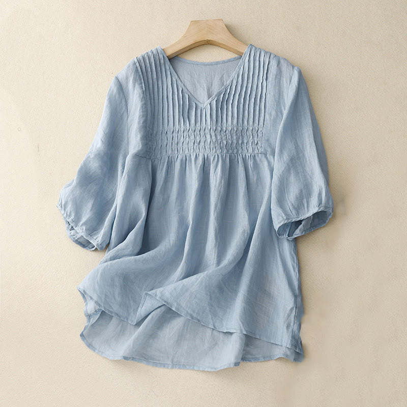 Casual Plain Loose Women's V-Neck Design Half Sleeve Cotton Linen Shirt