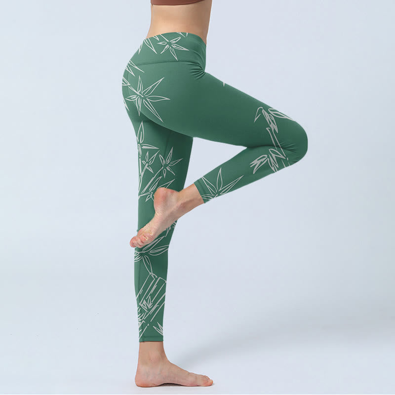 Green White Bamboo Leaves Print Gym Leggings Women's Yoga Pants