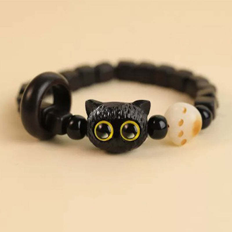 Cute Ebony Wood Cat Head Pattern Peace Bracelet