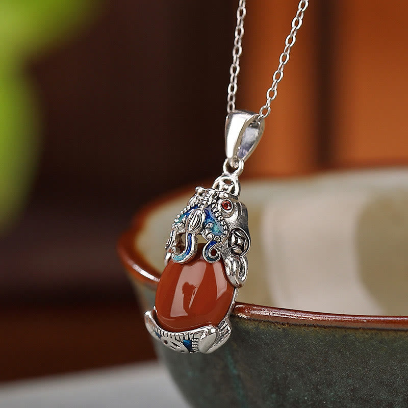 925 Sterling Silver Red Agate Copper Coins PiXiu Protection Ring Necklace Pendant Set
