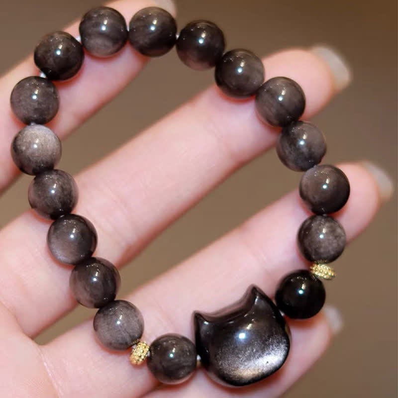 Gold Sheen Obsidian Silver Sheen Obsidian Lovely Paw Lucky Cat Protection Bracelet