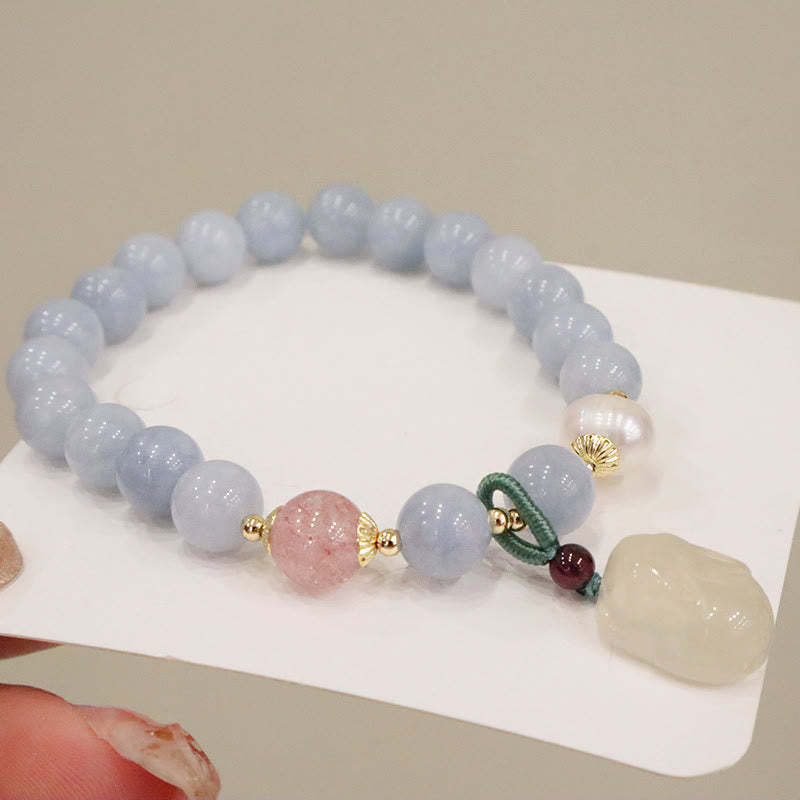 Natural Aquamarine Chalcedony Serenity Rabbit Gourd Cat Charm Bracelet