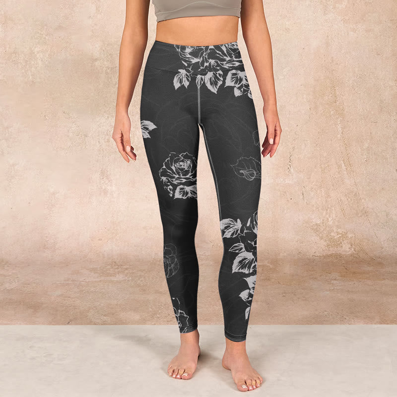 Gray Peony Rose Flower Sketch Print Gym Fitness Leggings Women's Yoga Pants
