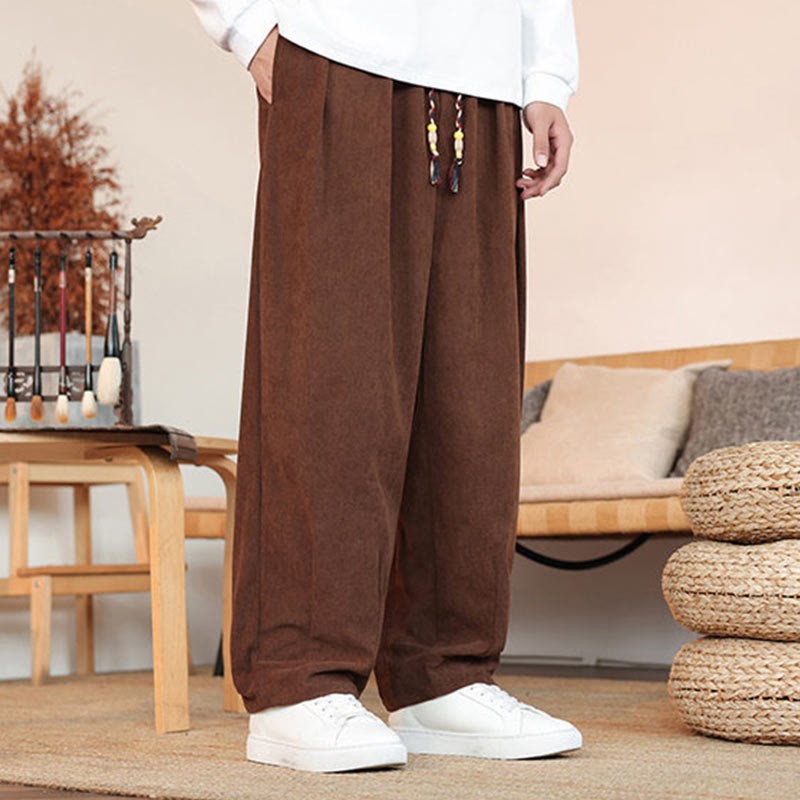 Fall Winter Men's Drawstring Corduroy Solid Pants With Pockets