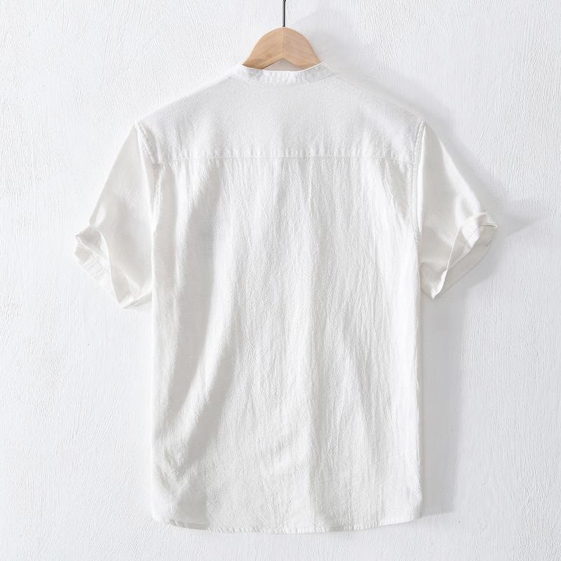Frog-button Mandarin Collar Embroidery Cotton Linen Short Sleeve Men's Shirt