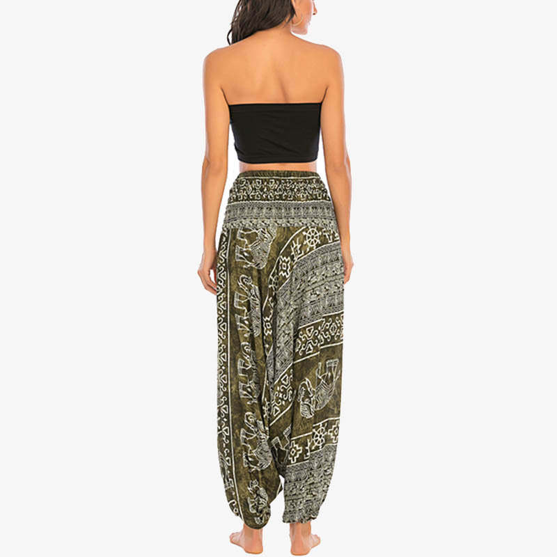 Two Style Wear Elephant Pattern Loose Smocked Harem Trousers Jumpsuit Women's Yoga Pants