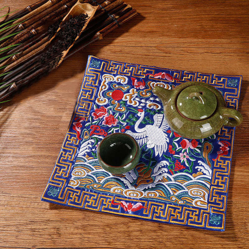 Crane Phoenix Dragon Kirin Embroidered Cup Mat Pad Tea Cup Coaster Square Kung Fu Tea Mat