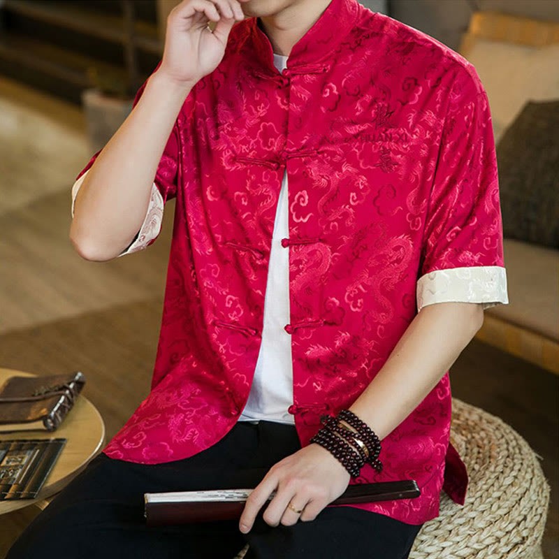 Chinese Tang Suit Frog-button Dragon Print Men's Half Sleeve Shirts