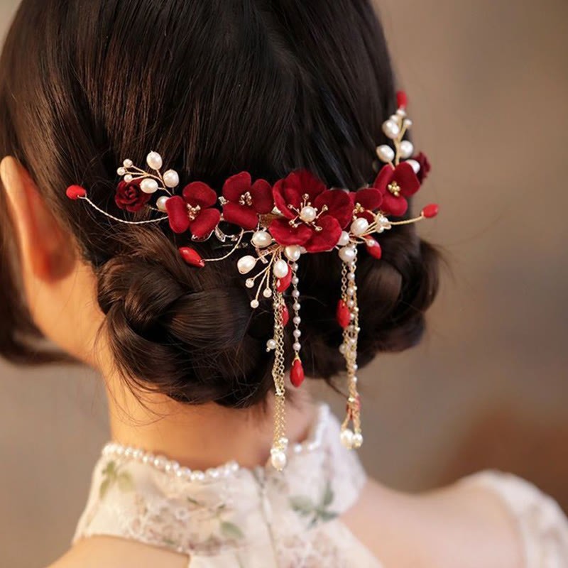 Chinese Oriental Wedding Bridal Red Rose Hair Clip