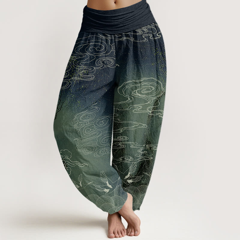 White Auspicious Clouds Birds Tree Pattern Women's Elastic Waist Harem Pants
