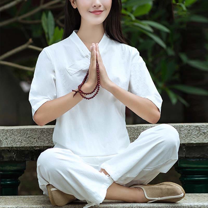 2Pcs Half Sleeve V-Neck Shirt Top Pants Meditation Zen Tai Chi Linen Clothing Women's Set