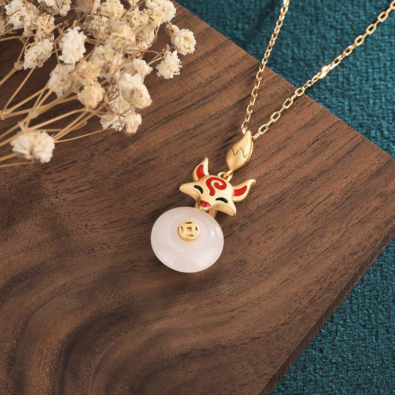 White Jade Fox Copper Coin Protection Luck Necklace Pendant