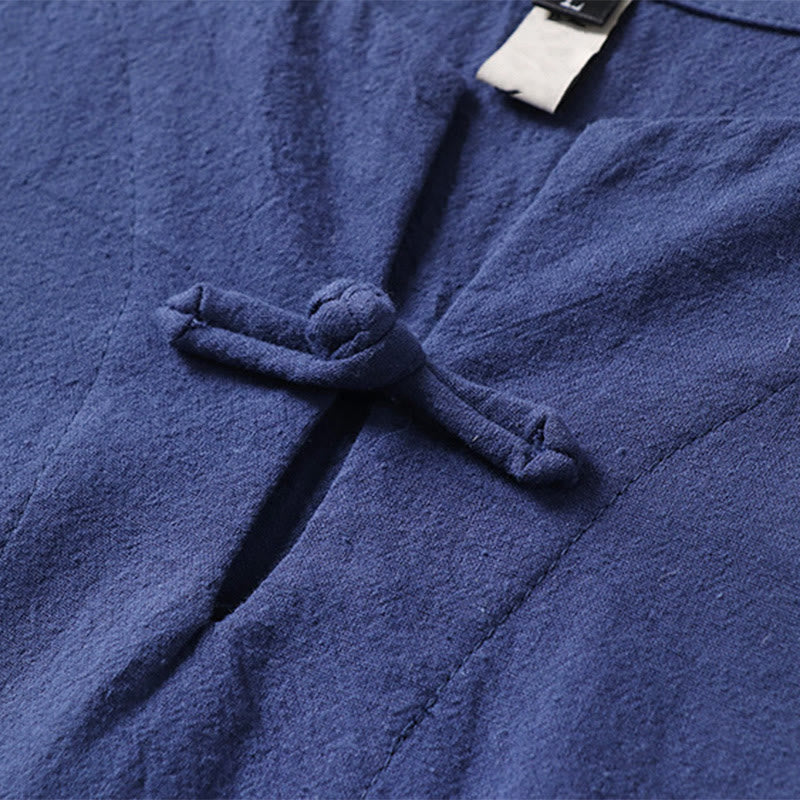 Solid Color Short Sleeve One Frog Button Cotton Linen Men's Shirt
