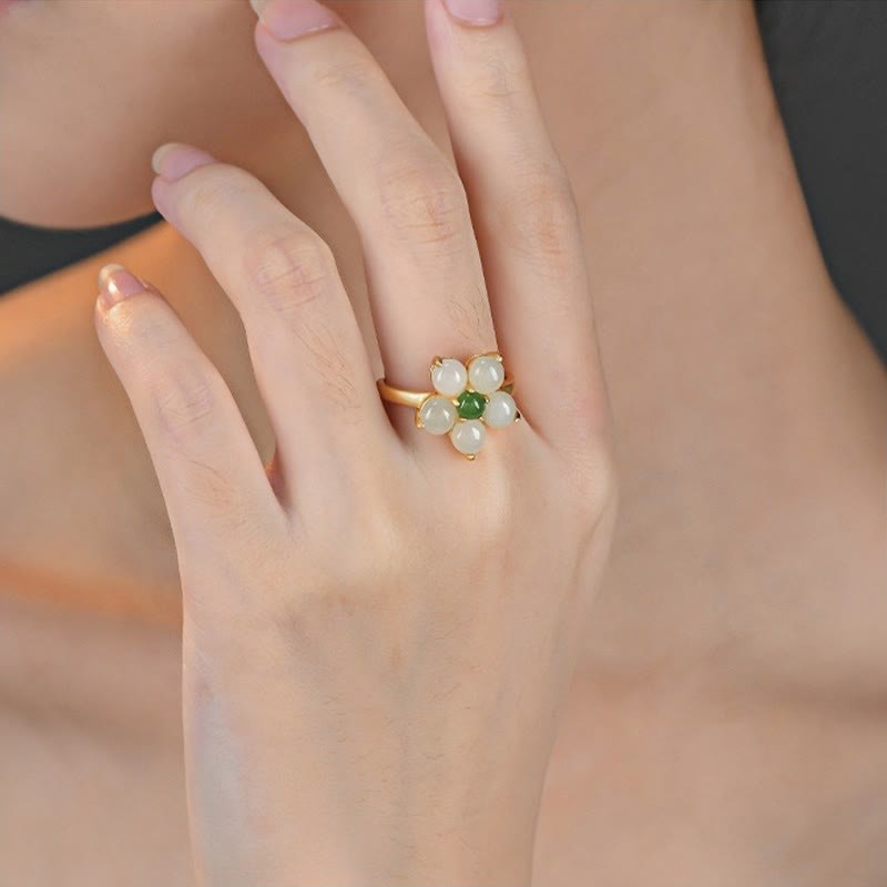 925 Sterling Silver Natural Hetian Jade Peach Blossom Flower Luck Adjustable Ring