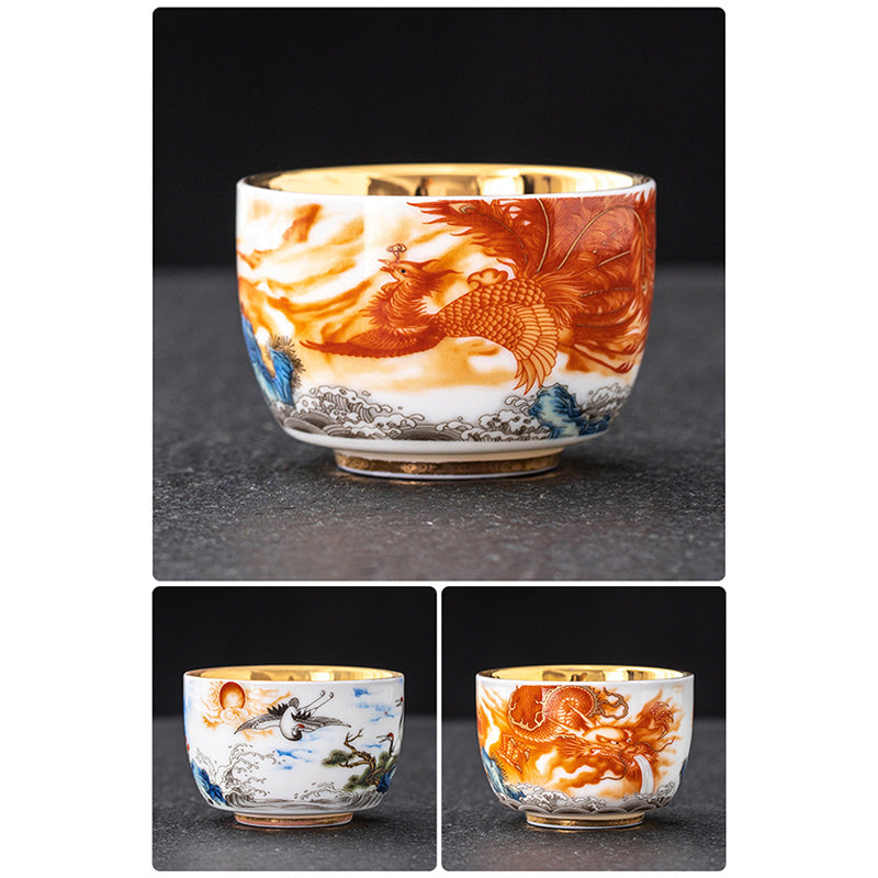 Dragon Phoenix Crane Sun Ocean Waves Gilt Ceramic Teacup Kung Fu Tea Cup 170ml