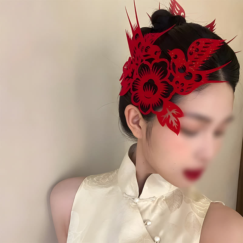 Classical Chinese Wedding Red Magpie Flower Paper Cutting Flocking Cloth Hair Clip