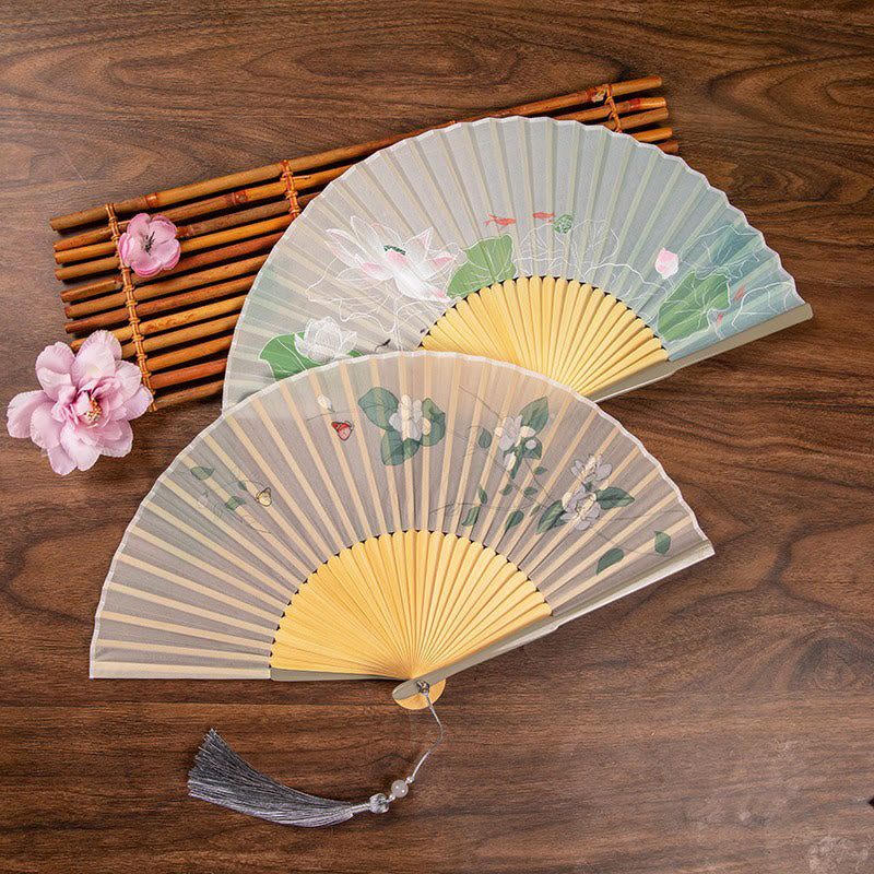 Jasmine Lotus Begonia Flowers Handheld Bamboo Folding Fan